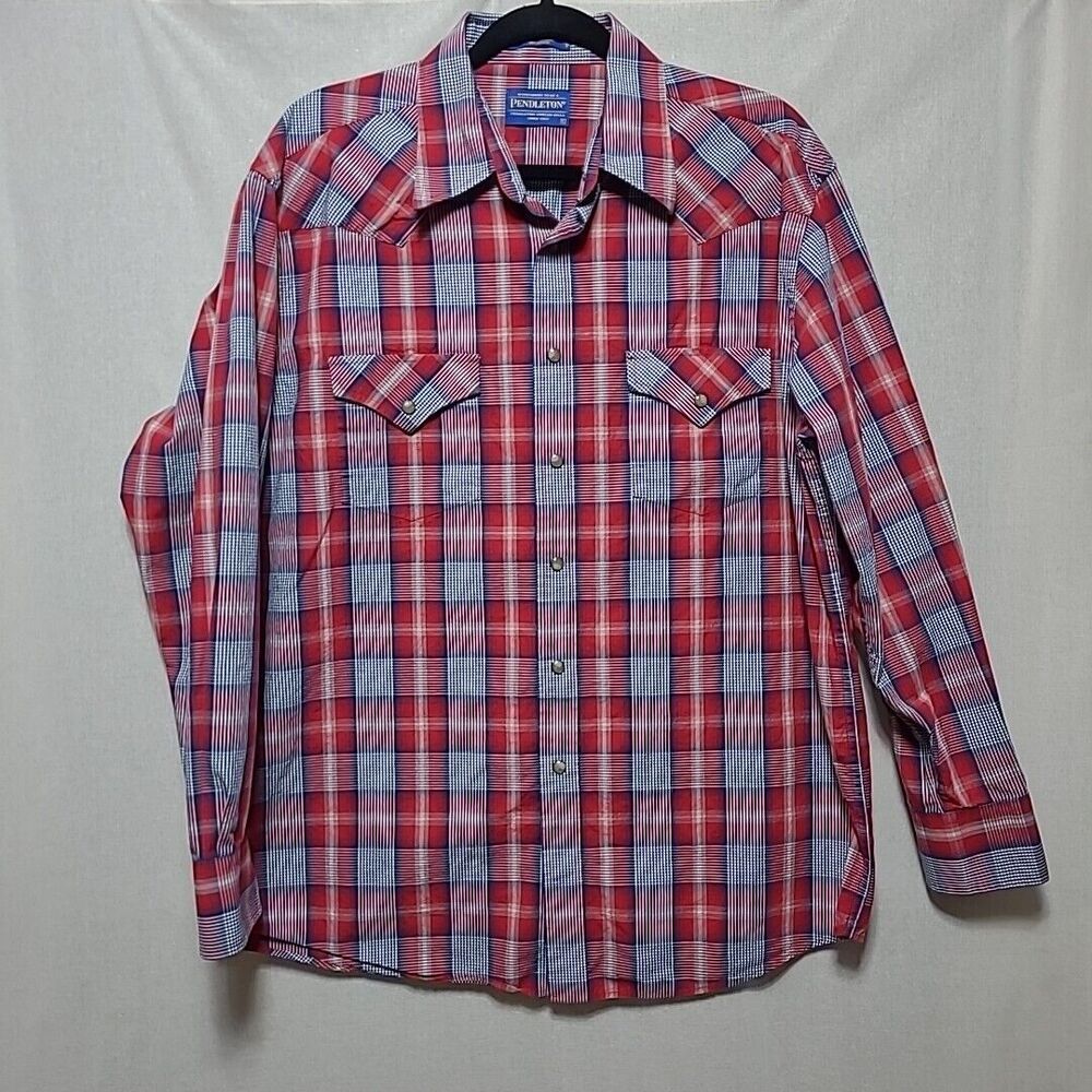 Pendleton Plaid Western Pearl Snap Button Down Shirt Mens Large Blue Red Cowboy
